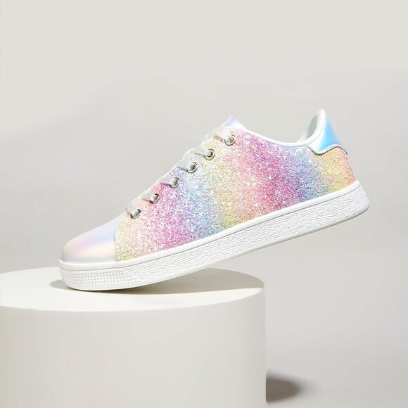 LUCKY STEP Rainbow LaceUp Sneakers Sparkly Fashion Shoes for Women - Picture 4 of 9